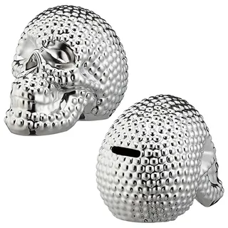 HKC Home Deco Spardose Totenkopf Schädel Skull Chrom-Optik Keramik Spartopf Trinkgeld Kasse Kaffeekasse Tischdeko Halloween Sparschwein Sparbüchse Deko Trend ca.15x9x12cm