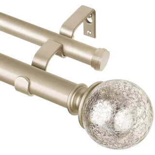 KAMANINA Doppelte Gardinenstange, 183 bis 360 cm, Champagner-Gold, Gardinenstangen für Fenster 168 bis 308 cm, 2,2 cm (7/8 Zoll), robuste Gardinenstange mit Craquelle-Glas-Endstücken