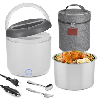 100W Elektrische Lunchbox Erwachsene, 1.2 L Thermo Lunch box mit Besteck und Isolierter Lunchbeutel, 3-in-1 12/24/230V, Auslaufsicherer, 304 Edelstahl, Beheizte Brotdose für Auto, LKW, Büro, Grau