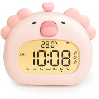 IHALO Cute Axolotl Kinderwecker, Nachttischwecker mit Nachtlicht, digitales LED-Display, 3,15 Zoll, DREI Alarme, Wochenendmodus, Datum, Uhrzeit, Temperatur, Wiederaufladbar, Dekoration für Babyzimmer