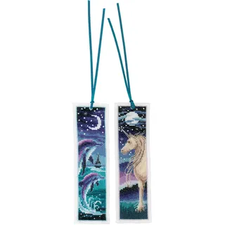 Vervaco Lesezeichen Kreuzstich Stickpackungen Gezählter Kreuzstich Delphin und Einhorn 2er DIY Set Erwachsene Sticken Lesen Zubehör Geschenk Zählmusterpackung ca. 6 x 20 cm Stickset für Anfänger