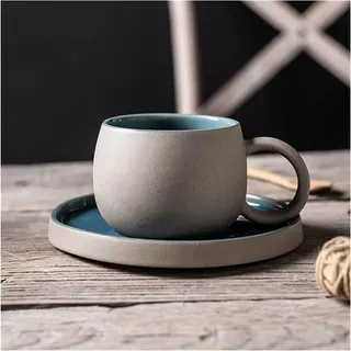 MAGICVOGEL Retro Kaffeetasse mit Untertasse aus Steingut Espressotasse 250ml dickwandige Teetasse matt Stil Keramiktasse Set für Kaffee Tee Kakao Espresso Cappuccino (Blau)
