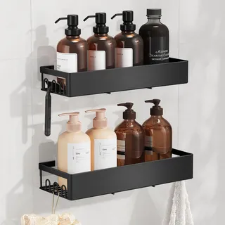 SONGMICS Duschablage ohne Bohren, 2er Set, Shampoo Halterung für Dusche | Rostfreies Duschregal, Badezimmer Organizer zum Kleben, Bad Aufbewahrung für Dusche, Schwarz, PARSON Kollektion BCB201B101