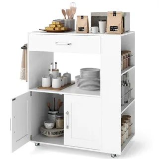 KOMFOTTEU Küchenwagen mit Arbeitsplatte, Servierwagen auf Rollen, Kücheninseln mit 3 Gewürzregale, Küchentrolley mit offener Ablagefach & Schublade, Rollwagen 82x46x92cm (Weiß+Holzmaserung) - Weiß