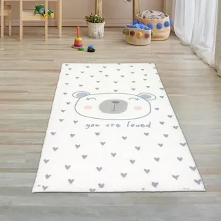 Teppich-Traum Kinderteppich Hochflor Bär Herzen Creme Grau 80x150 cm | Flauschiger Kinderzimmerteppich, weich, pflegeleicht, allergikerfreundlich, schadstofffrei, OEKO-TEX geprüft, 18 mm Flor
