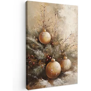 MuchoWow Leinwandbild Weihnachten - Kugeln - Beige - Gold Wanddeko Schlafzimmer 60x90 cm , Goldfarben , Textil , Kiefer , Abstrakt , Rechteckig , 60x90 cm , FSC 100% , gerahmt , Bilder & Rahmen, Bilder, Leinwandbilder