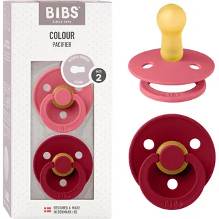 Bibs Colour Schnuller 2er-Pack, BPA-frei, Kirschform Nippel. Naturkautschuk/Latex, Hergestellt in Dänemark. Größe 2 | 6+ Monate | Ruby / Coral - Gr. 6-18 M
