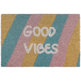 Relaxdays Fußmatte Kokos, "Good Vibes", Blau,Gelb,Rosa