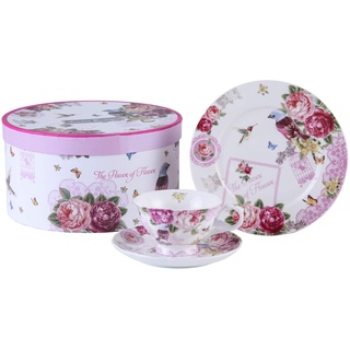 ondon Boutique Afternoon Tea Set 3 Kaffeetasse und Untertasse Dessertteller Shabby Chic Vintage Porzellan Geschenkbox (Vogel Rose Schmetterling)