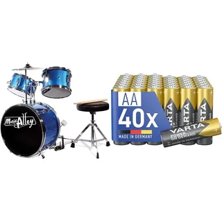 Music Alley Junior Drum Kit for Kids with Kick Drum Pedal & VARTA Batterien AA