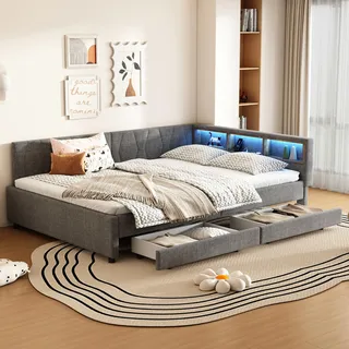 Merax Tagesbett Daybett 140x200 cm, Schlafsofa mit LED, USB+Typ C, 2 Schubladen, Ablagefach, Schlafsofa, Leinen Polsterbett, Grau - Grau