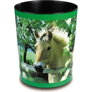 Läufer 26657 Papierkorb Pferde am Weidezaun, 13 Liter Mülleimer, perfekt für das Kinderzimmer, rund, stabiler Kunststoff, Abfalleimer für Kinder