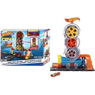Hot Wheels City Super Reifenshop Spielset, mit Einer Schlüsseldrehung die Autos durch die Reifen schicken, enthält 1 Hot-Wheels-Fahrzeug, Spielzeug Geschenk für Kinder von 4 bis 8 Jahren,