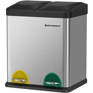 SONGMICS Mülleimer 30 Liter, Mülltrennung, 2 x 15 Liter, Abfalleimer, Treteimer mit Inneneimern, farbigen Pedalen, Mülltrennsystem für die Küche, silbern-schwarz LTB30L