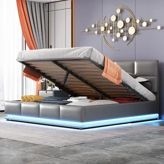 Flieks Polsterbett mit LED, hydraulisches Boxspringbett 160x200cm mit Lattenrost und Stauraum, Doppelbett Holzbett Jugendbett Kunstleder, Grau - Grau