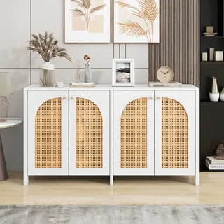 Modernes Sideboard im minimalistischen Stil 4-Rattantür, Metallgriff einfaches Buffetschrank für Esszimmer, Wohnzimmer, Küche - Weiß