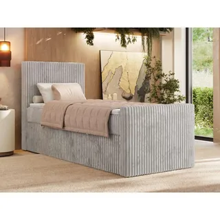 MKS MEBLE Boxspringbett 90x200 TILIANO DUO mit Stauraum, 7-Zonen-Taschenfederkernmatratze, Cordbezug, Einzelbett für Schlafzimmer & Hotel - Hellgrau Cord - H4 - Topper T25 - Links - Hellgrau