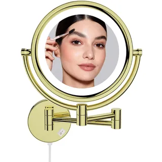 DOWRY Schminkspiegel mit Beleuchtung Wandmontage Led Kosmetikspiegel mit Vergrößerung 10 Fach Doppelseitig Spiegel Vergrößerungsspiegel mit Licht für Bad,Gold,Ø20 cm