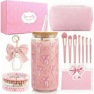 Geschenke für Mädchen Teenager 9 10 11 12 13 14 15 16 Jahre Rosa Schleife | Geburtstag Geschenk Mädchen Glasbecher, Trinkglas mit Strohhalm und Deckel, Schminkpinsel Kosmetiktasche Armband Socken