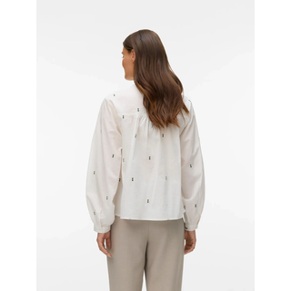 Langarmbluse VERO MODA "VMIRIS LS TOP NOOS", Damen, Gr. XS, snow weiß aop:grün emb., Jersey, Obermaterial: 100% Baumwolle, bestickt, unifarben, normal normal, Rundhals, weit 1-Knopf-Manschette, Blusen Langarmbluse, Baumwolle, allover bestickt