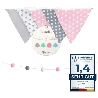 lilime® Wimpelkette Inkl. GRATIS Girlande ideal für Dekoration im Kinderzimmer - Unsere Wanddeko für Dein Kind - Super süße Deko für jedes Babyzimmer (1.9M/Grau-Weiß-Pink)