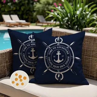 Jayusaror Kissenbezug Outdoor 45x45 Wetterfest Blau Kissenhülle Maritim Anker Sommer Kopfkissenbezug Kissenbezüge Nautisch Kissen Zierkissenbezüge für Sofa Wohnzimmer Garten Deko,2er Set