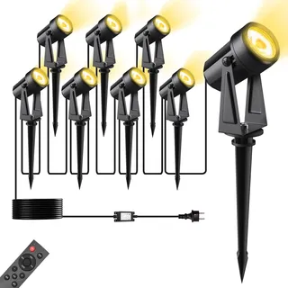 LED Gartenbeleuchtung mit Strom Remote Timer 28M 8-1Set IP65 Wasserdichter | Pogestrand 3000K Warmweißem Gartenstrahler mit Adapter,2W COB Wegeleuchten 27V Led Strahler Außen für Garten Yard Hof