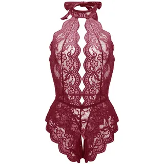 pitashe_Bekleidung Dessous-Set Damen Tiefer V-Ausschnitt Halfter Spitze Reizwäsche Negligee Babydoll Unregelmäßiger Hem Nachtwäsche Nachthemd Lingerie Nachtkleid G-String Sleepwear, Weinrot, XXL