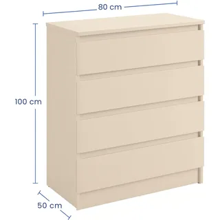 Kommode 80cm breit mit 4 Schubladen Kaschmir schmal Holz Schrank Kommode mit Schubladen Sideboard Highboard Anrichte Schlafzimmer Wohnzimmer Flur Büro Organizer Breite 80 cm Höhe 100 cm - Weiß