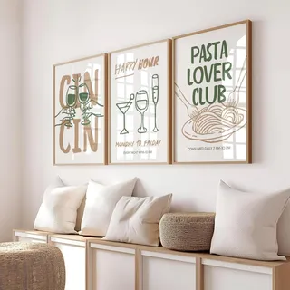 Xiyocadt 3er Küche Poster Set, Küche Aesthetic Deko, Wanddeko mit Wein und Pasta Motiven, Cocktail Poster, für Esszimmer Coffee Bar Wohnzimmer Deko, Ohne Rahmen (50 x 70 cm,Grün)