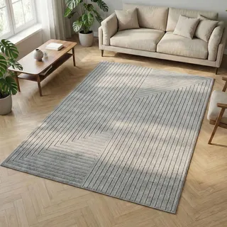 Carpetsale24 Kurzflor Teppich 280x370 cm XXL Grau Wohnzimmer, Schlafzimmer, Küche, 3D Hoch-Tief-Effekt, Skandinavisch Boho Motiv, für Outdoor Bereich geeignet Terrassen oder im Balkon