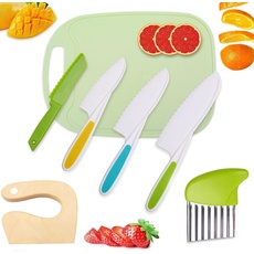 Yiomxhi Kinder Kunststoff Küchenmesser Set, Kindermesser 7-Teiliges Set Sicher Küchenmesser aus Holz, Schneidbrett, Obstmesser Gemüsemesser mit Gezackten Schneidekanten für Obst Brot Gemüse