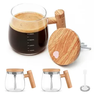 Wapasezyar Glas Selbstrührende Tasse 2er Set, Elektrischer Self Stirring Mug mit 4 Rührköpfe, Automatischer Rührbecher mit Deckel für Kaffee Milch Eiweißpulver Heiße Schokolade