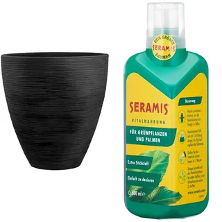 Dehner Pflanzvase Vino, Ø 40 cm, Höhe 42 cm, Kunststoff, anthrazit & Seramis Vitalnahrung für Grünpflanzen und Palmen, 500 ml – Pflanzendünger für optimales Wachstum