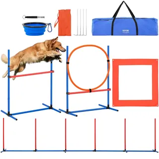 VEVOR Agility Set Hunde, 4-teiliges Set mit verstellbaren hohen Hürden, 6 Slalomstangen, Sprungring, quadratischer Pausenbox, Pfeife, Faltbarer Schüssel, Hindernisparcours-Set für Welpen