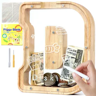 Lakpopya Spardose Kinder Buchstaben aus Holz für A-Z Personalisiert Sparschwein Durchsichtig Alphabet Sparbox, Geschenk Dekoration Taufe für Jungen Mädchen (D)
