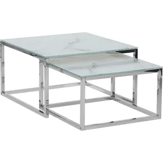 BELIANI Couchtisch 2er Set Weiß mit Silber Glastischplatte Metallbeinen Poliert Marmor Optik Glänzend Minimalistisch Quadratisch Modern - Weiß, Silber