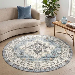Homaxy Vintage Teppich Wohnzimmer Waschbarer 120 cm Rund, Retro Blau | Kurzflor Rutschfest Klein Teppiche Boho Weich Carpet für Schlafzimmer, Kinderzimmer, Küche