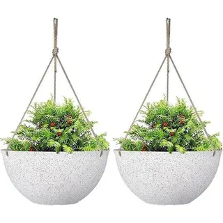 Pflanzentopf - Pflanzentopf für Pflanzen Hangende Blumenvasen 25 cm weiß gespikkt - Set aus 2 - Mit Drainageschlitzen und Stopfen - Boho Gartendekoration - Weiß
