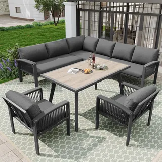 Garten-Lounge-Set, Möbelset für 8 Personen, Seilwerk, großer Tisch mit Holzmaserung, mit verzinktem Eisengestell, verstellbare Beine, alle Sitz - Grau