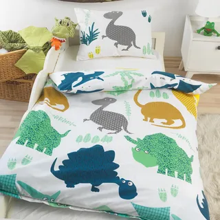 BaSaTex Kinder Baby Bettwäsche Set für Mädchen und Jungen | 100x135 cm + 40x60 cm | 100% Baumwolle Renforcé | Reißverschluss | Dino Welt – Dinosaurier | bunt