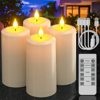 PChero LED Kerzen Aufladbar 4er Set mit Fernbedienung, Wasserdicht Elektrische Kerzen Flackernd mit Timerfunktion für Innen und Außen Zimmer Halloween Garten Deko Weihnachten Outdoor (7cm x 13cm)