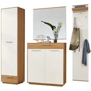 Novel Garderobe , Weiß, Eichefarben , Holz, Glas, Holzwerkstoff , 4-teilig , Eiche , furniert, massiv , 220x195x37 cm , Goldenes M, Made in Germany, DGM-Klimapakt , Garderobe, Garderoben-Sets & Garderoben-Serien, Garderoben-Sets