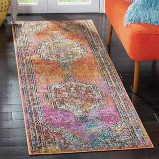 SAFAVIEH Boho Teppich für Wohnzimmer, Esszimmer, Schlafzimmer - Crystal Collection, Kurzer Flor, Orange und Hellblau, 66 X 213 cm