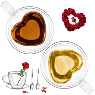 glastal 150ml Doppelwandige Espressotassen 2er Set Kaffeegläser Teegläser mit Henkel und Untertasse, Herz Tasse für Milch Saft, Geschenk für Frauen Freund/in Paare zu Geburtstag Hochzeit Weihnachten