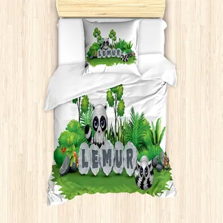 ABAKUHAUS Lemur Bettbezug Set für Einzelbetten, Madagaskar Waldtiere, Milbensicher Allergiker geeignet mit Kissenbezug, 135 cm x 200 cm - 80 x 80 cm, Grau Lime Green
