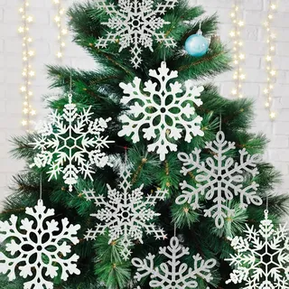 6 große weiße Silberne Schneeflocken, Ornamente, große Kunststoff-Glitzer-Schneeflocke für den Winter, Innen- und Außenbereich, Weihnachtsbaum, Fenster, Raumdekoration, riesige Bastel-Schneeflocken,