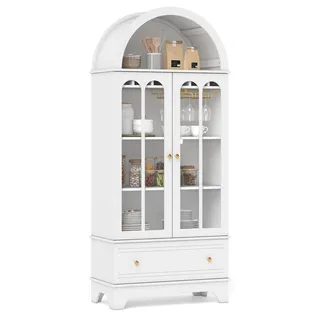 COSTWAY 5 Ebenen Küchenschrank für Küche, Vorratsschrank mit Glastüren, Weinschrank mit 6 Flaschen Weinregal & Halter für 9 Weingläser, Weiß - Weiß