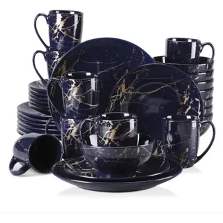 Haute Lucenzo Serviesset – 32-teilig – 8 Personen – Dunkelblau/Gold – Essteller – Tafelservice – Tiefe Teller – Frühstücksteller – Servies – Ofengeeignet