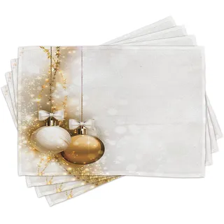 ABAKUHAUS Weihnachten Platzmatten, Religiöse Rituale Empfohlene Weihnachtskugeln mit Ribbon Holiday Wunsch Kunstwerk Bild, Tiscjdeco aus Farbfesten Stoff für das Esszimmer und Küch, Weiß Beige